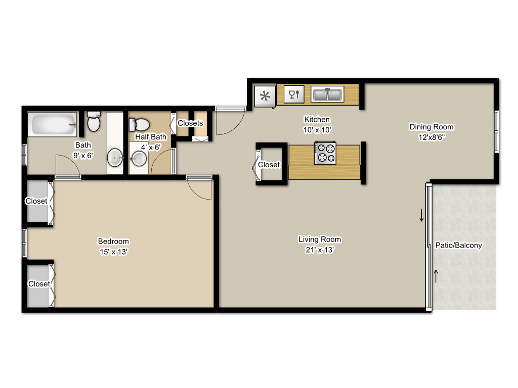 Floor plan for 1 bed, 1.5 baths, 1100 sqft